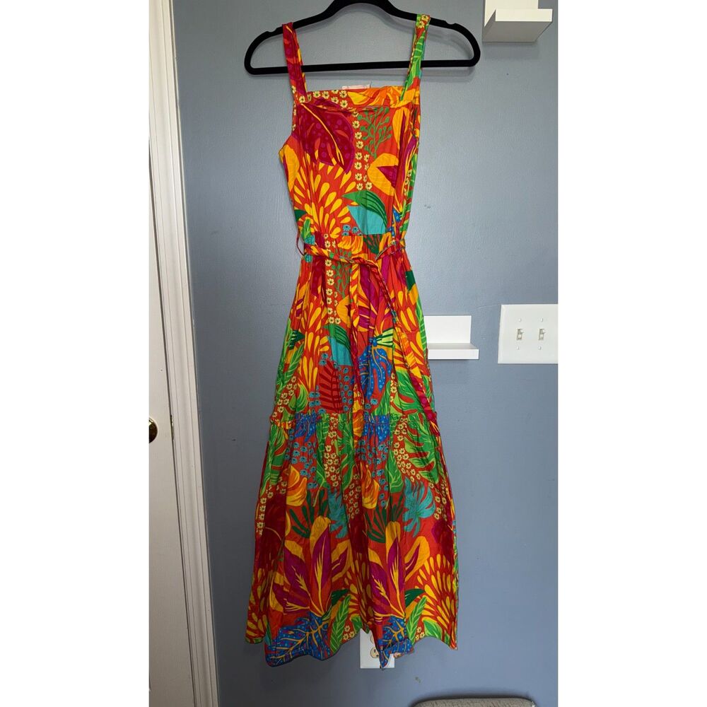 Maude Vivante Floral Colorful Vibrant Belted 100% Cotton Maxi Dress | Size Small